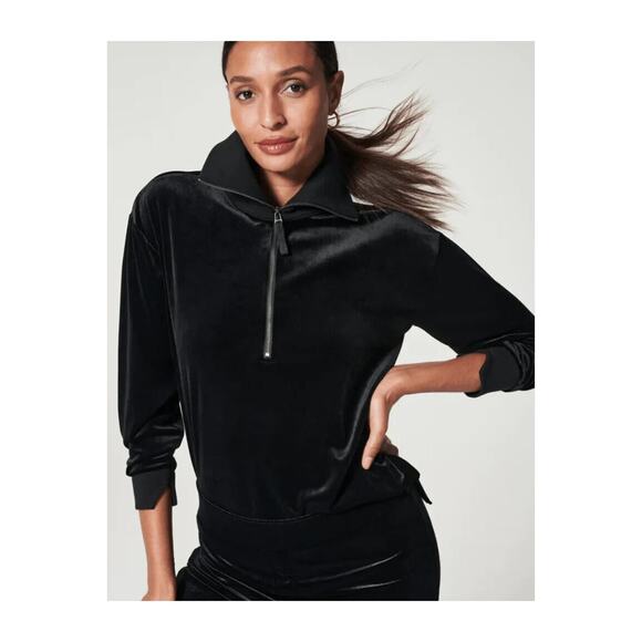 Spanx Velvet Half-Zip Pullover in Very Black Size 1X Ribbed Collar Stretch Relax - Picture 1 of 11